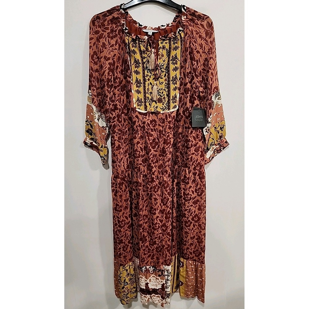 John Mark NWT Maxi Dress Womens Size M Brown‎ Boho Peasant Patchwork Floral